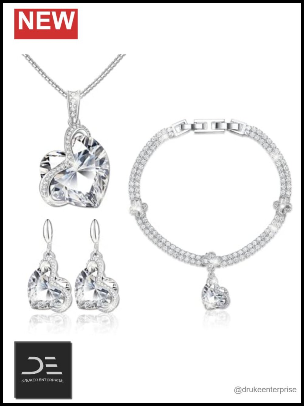 18K White Gold Plated Heart Crystal Necklace Bracelet Earrings Jewelry Set